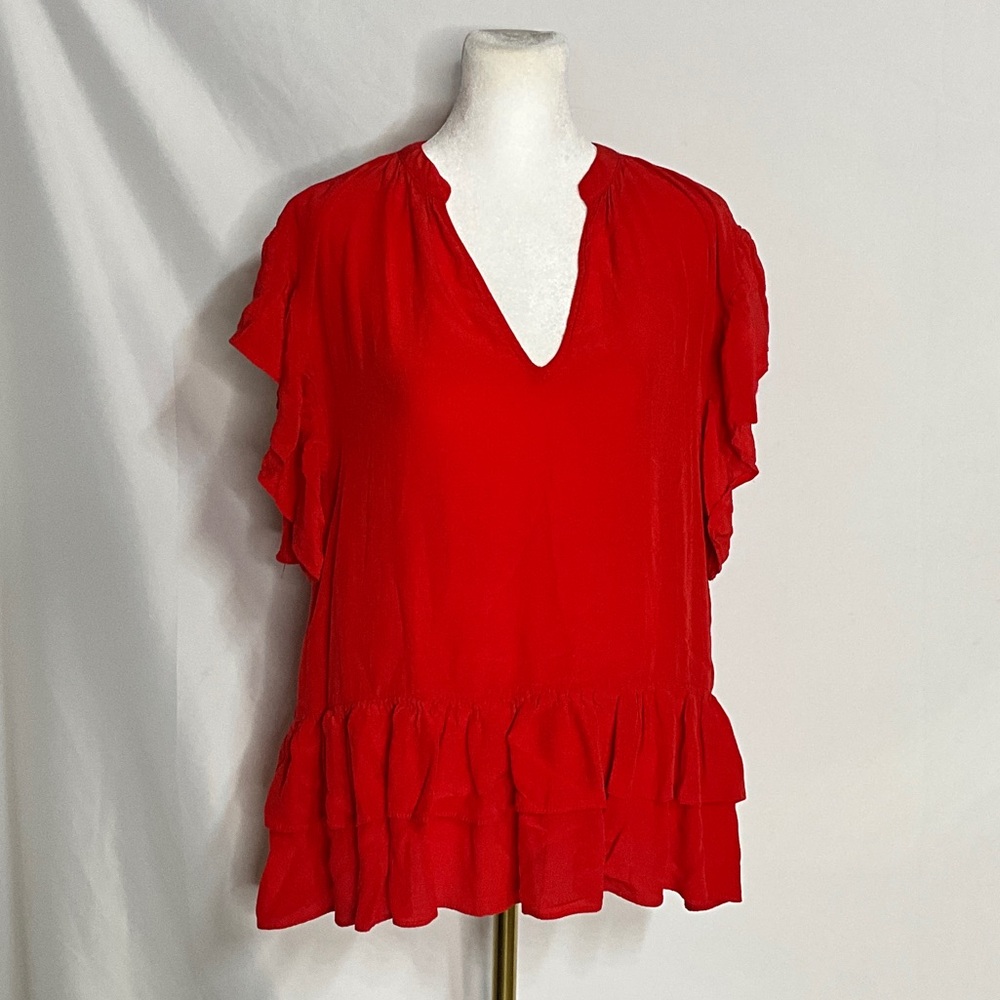 Zara Red Oversized Ruffled V Neck Blouse